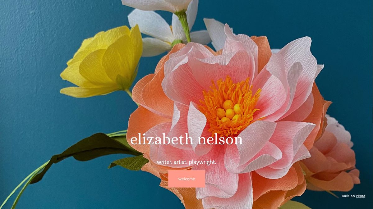 Elizabeth Nelson author website homepage, a teal and coral splash page for a writer