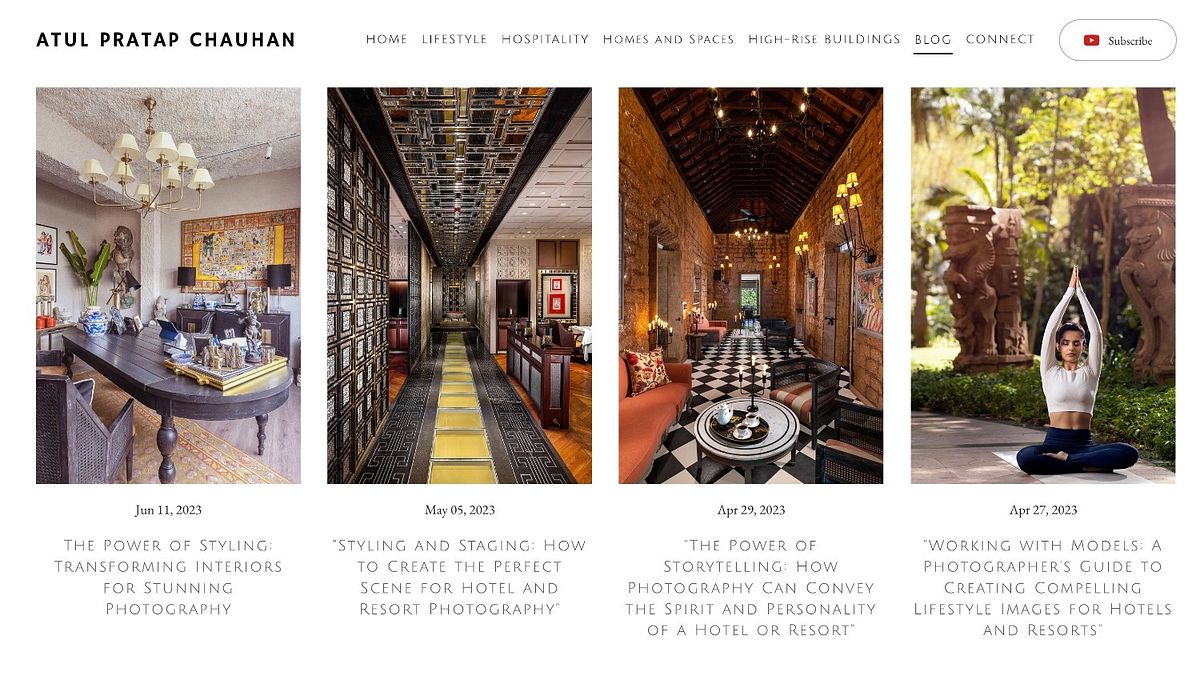 Atul Pratap Chauhan blog design: a calm four-column grid with centred small-caps titles