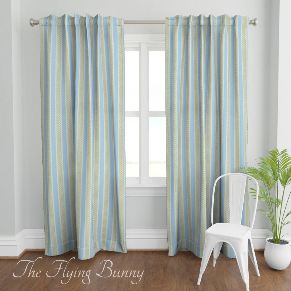 Window curtains featuring a light blue, sage green and cream vertical stripe pattern with delicate dotted details.