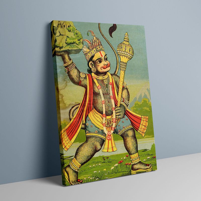 Divine Strength: Lord Hanuman Carrying the Mountain-Raja Ravi Verma