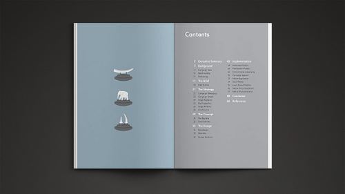 Double-page spread of the proposal publication showing illustrations of the three auction items on gavel blocks on the left page and a contents page listing nine sections and 24 subsections on the right.