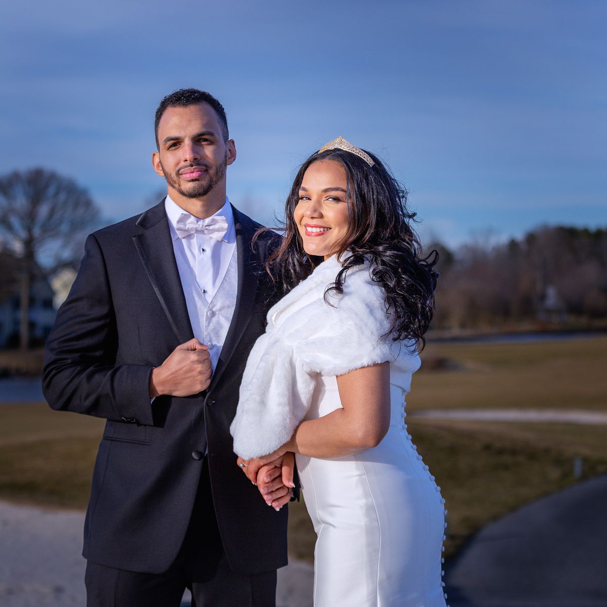 bride and groom during natural light session being relaxed and smiling at greenwood bay in Milsboro, de