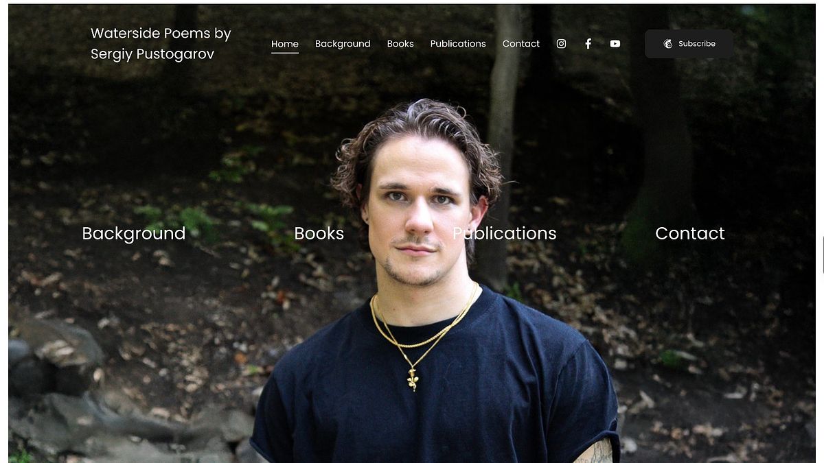 Waterside Poems poet author website using a typewriter-style font and newsletter signup