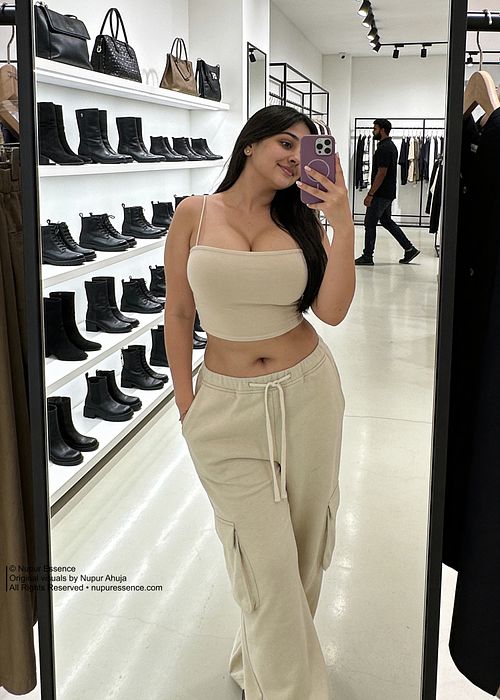 Nupur Ahuja taking a mirror photograph in a fashion boutique wearing a beige crop top and cargo pants, published by Nupur Essence
