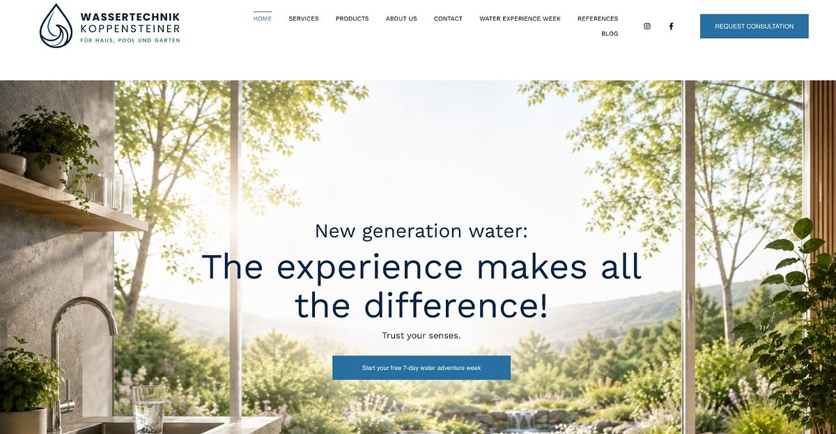 Wassertechnik Koppensteiner homepage with a sunlit kitchen hero and a free trial week offer