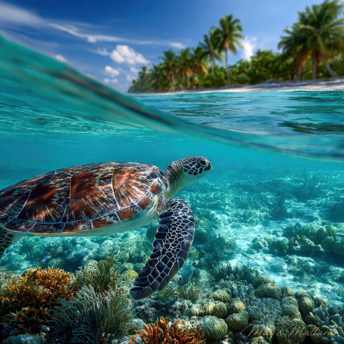 Sea turtle fine art metal print swimming in clear tropical waters - premium aluminum wall art by Mac & Mallard