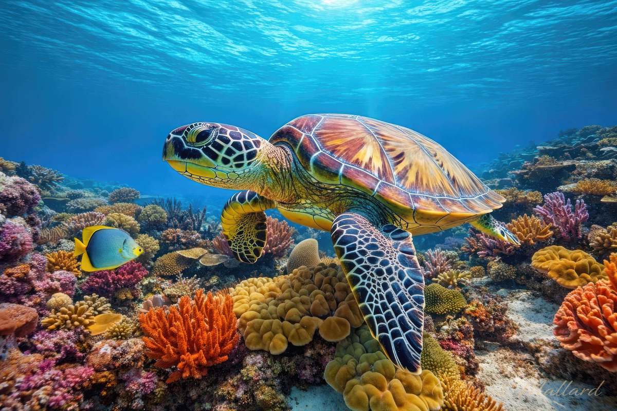 Sea turtle fine art metal print swimming in clear tropical waters - premium aluminum wall art by Mac & Mallard