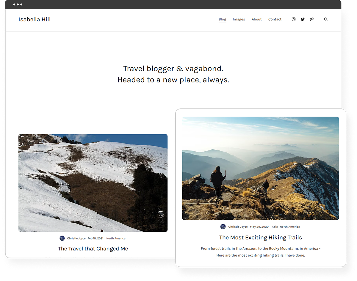 Elenco del blog su un sito web di portfolio di scrittura costruito su Pixpa