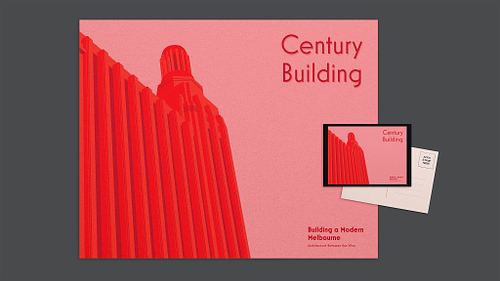 Layout presenting a retro-inspired poster and matching postcard featuring a minimalist vector illustration of the Century Building fa&ccedil;ade in red tones on a light red background.