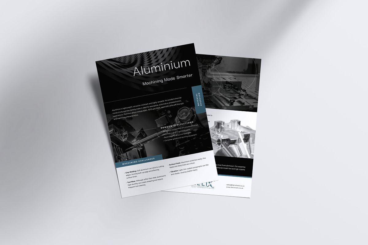 A4 leaflets giving detailed specifications for different metals, featuring strong black and white photography.