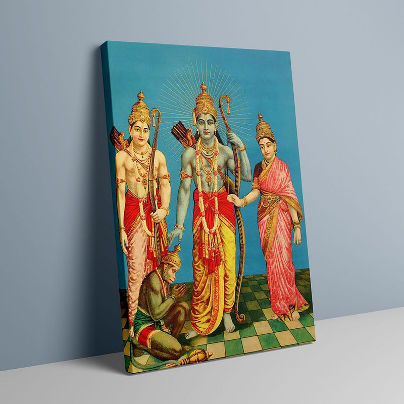Divine Assembly: Rama, Sita, Lakshmana, and Hanuman by Raja Ravi Verma