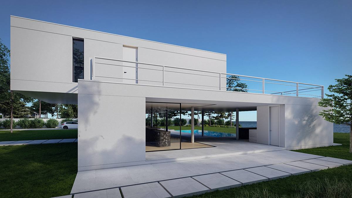render exterior casa lujo lago suiza arquitectura moderna