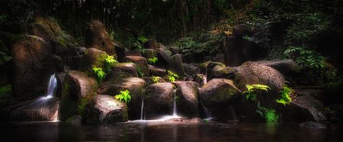 Waterfall, stream, river, creek, flowing water, long exposure, nature, landscape, travel, hiking, adventure, escape, light, rocks, moss, ferns, forest, Wailua, Kauai, Hawaii,