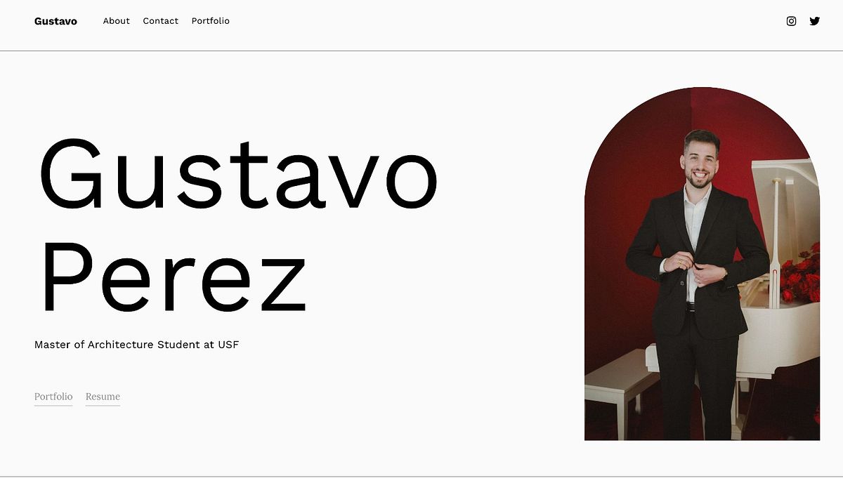 Página principal del sitio web del portafolio de estudiantes de arquitectura de Gustavo Pérez