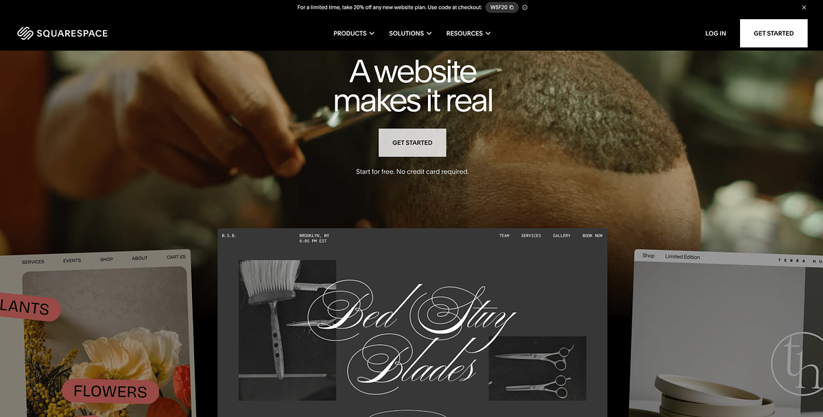 Squarespace homepage showcasing design-led website templates and tools for creative professionals