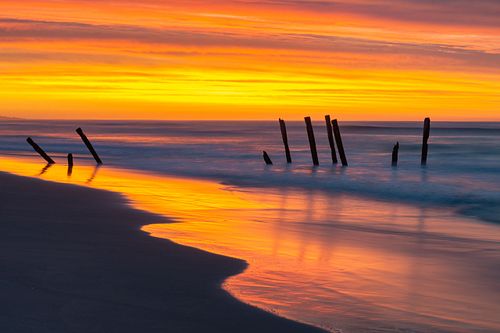 Skies, sunrise, sunset, Saint Clair, surf, ocean, waves, beach, Dunedin, New Zealand, South Island, Pacific, dawn, dusk, vast, travel, nature, landscape, clouds, sun rays, adventure