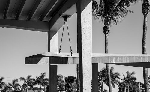 Fine art black and white photograph of the mid-century modern Siesta Beach Pavilion in Sarasota, Florida, originally designed by Edward "Tim" Seibert and historically restored by Sweet Sparkman Architects.