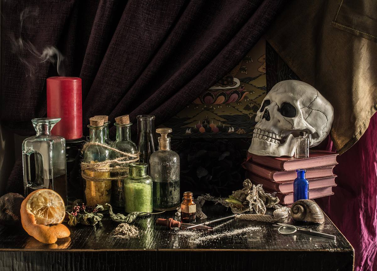 Vanitas II: Alchemists Table - Still Life with Snakeskin, Cricke