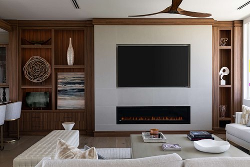 Interior photography of a luxury mansion living room on Ponte Vedra Beach, featuring floor-to-ceiling windows with ocean views and high-end modern furnishings.
