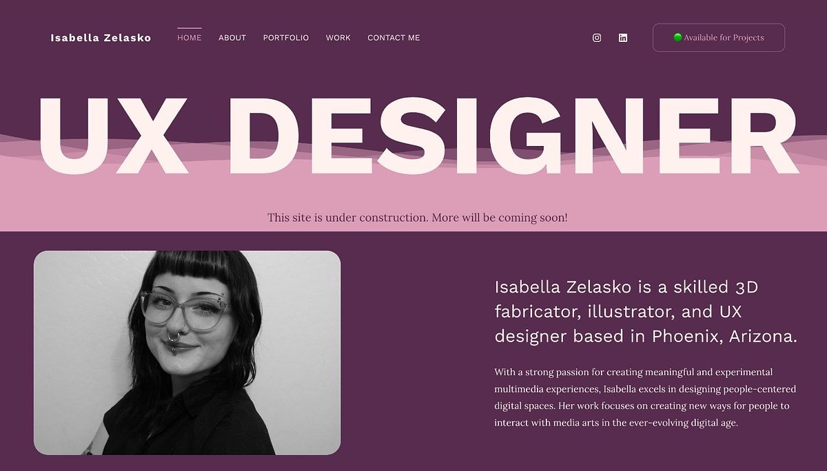 Isabella Zelasko UX/UI portfolio example, media-arts work page