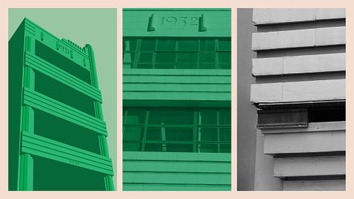 Layout presenting minimalist vector illustration alongside black-and-white and single-colour toned photography for Yule House.