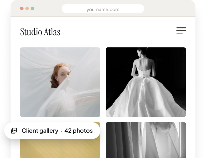 Portfolio website builder showing a gallery, client galleries and a store on Pixpa