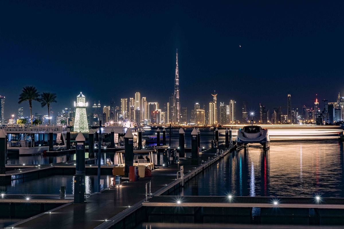 dubai creek burj khalifa moon skyline night photography