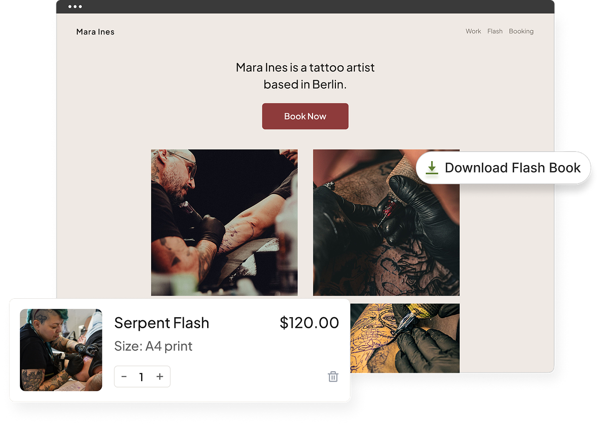 Portfolio per tatuatori con negozio online e layout a pagina singola.