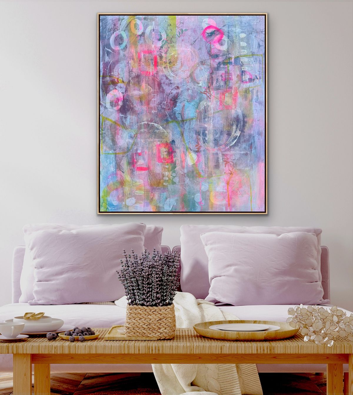 Abstraktes Acrylgemälde in Neonpink, Gelbgrün und Lavendel mit schwebenden Kreisen und Rechtecken, inspiriert von der Hippiebewegung, Friedenshoffnung, 120×100 cm,Sylvie Gasser, Abstract acrylic painting in neon pink, acid yellow and lavender with floating circles and rectangles, inspired by the hippie movement and the hope for peace, 120×100 cm