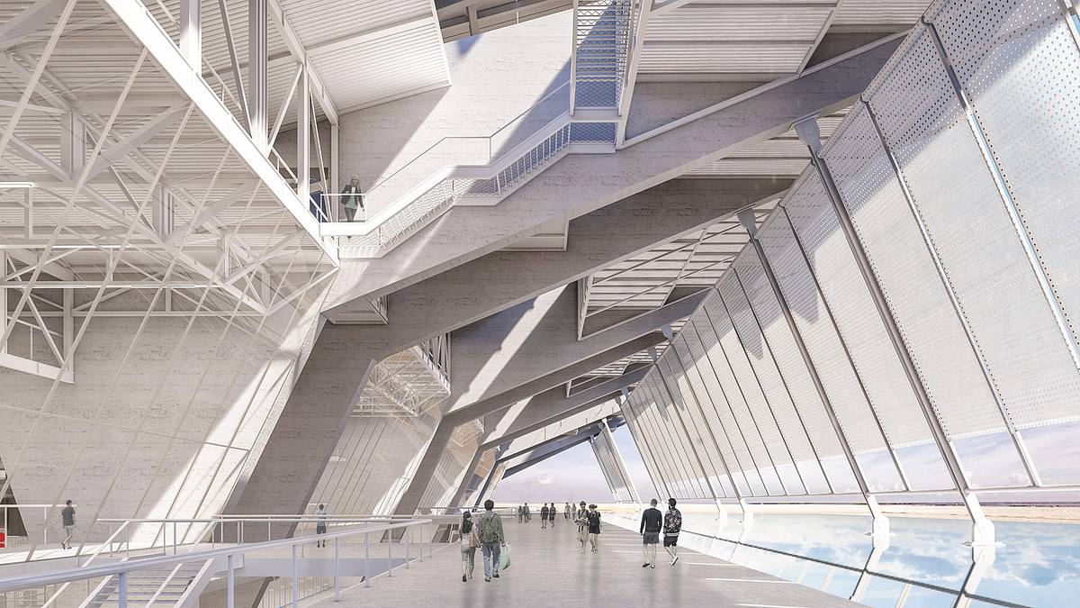 render exterior hyperloop arquitectura futurista sostenible