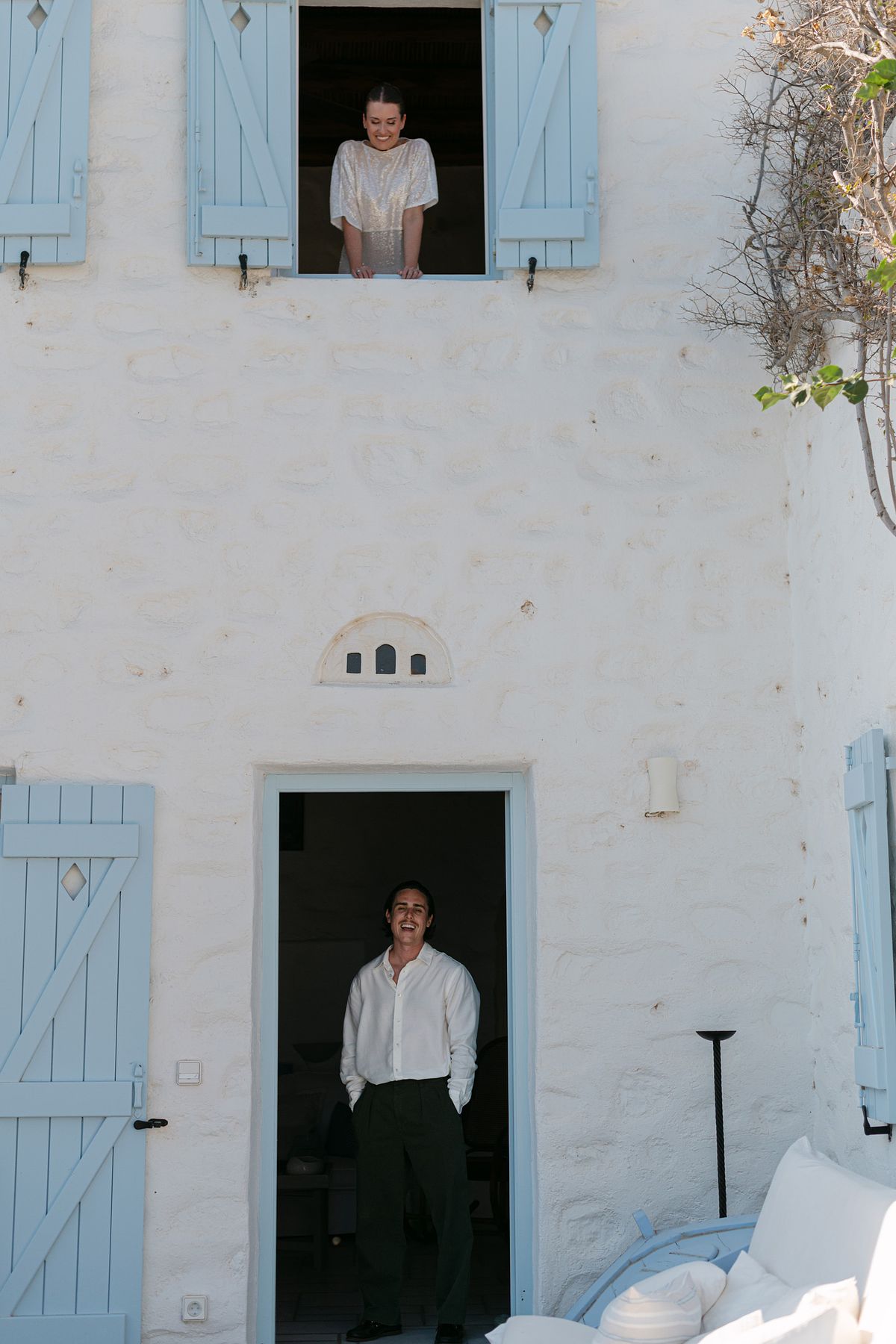 editorial wedding couple in Paros Greece villa with Cycladic architecture and geometric design &ndash; luxury destination wedding photography