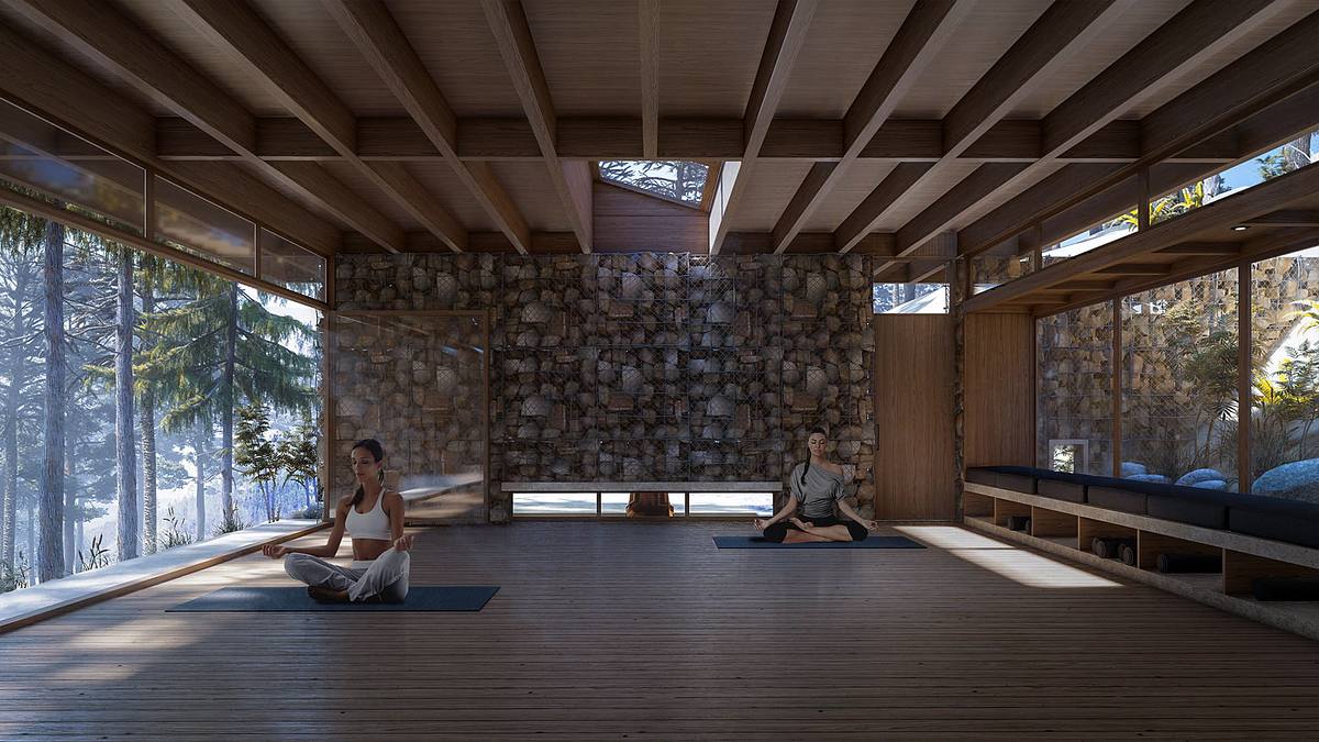 render interior arquitectura refugio yoga espacio meditacion sostenible Portugal madera luz natural