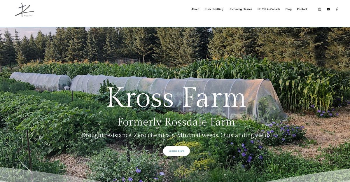 Kross Farm homepage with a Formerly Rossdale Farm line under the wordmark, set over a full-bleed field photo