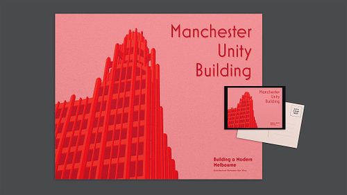 Layout presenting a retro-inspired poster and matching postcard featuring a minimalist vector illustration of the Manchester Unity Building fa&ccedil;ade in red tones on a light red background.