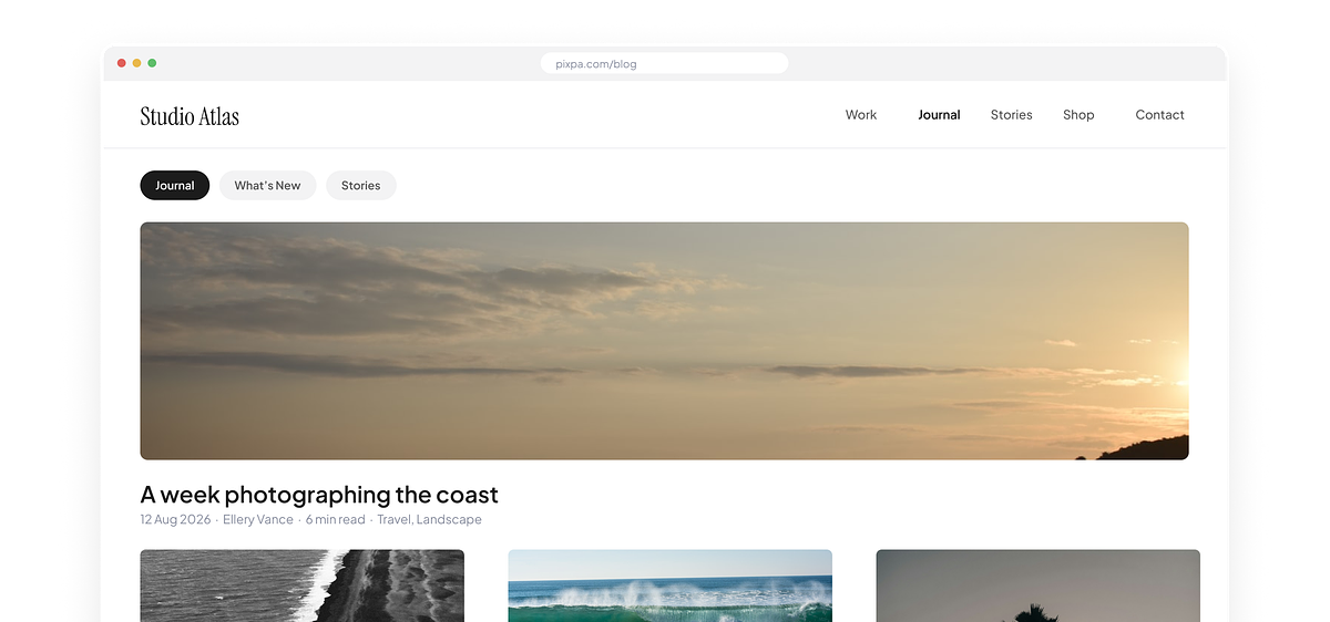 Blog listing on a website built with Pixpa