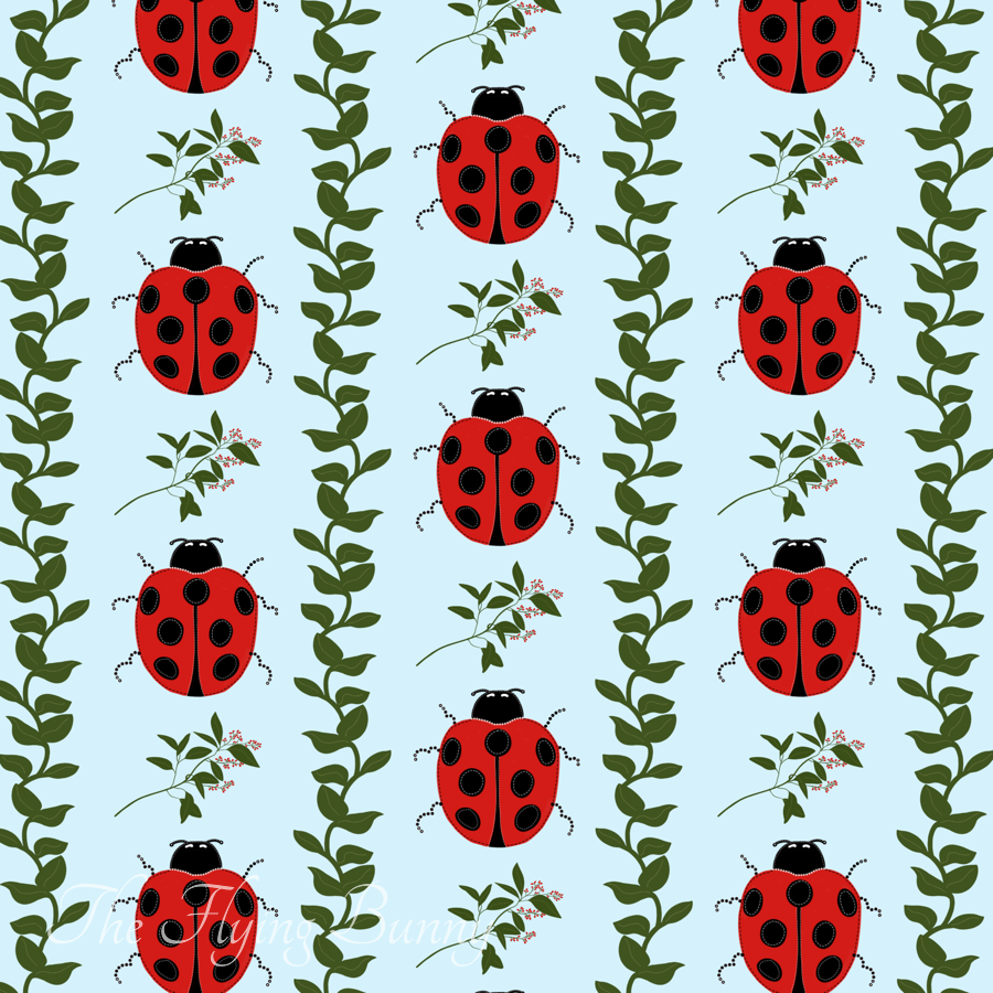 Bright red ladybugs with black spots arranged between leafy green vines and delicate floral sprigs on a soft light blue background in a repeating nursery pattern.