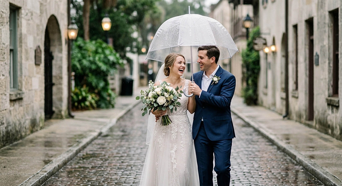 A bride and groom laughing while walking down a rain-slicked cobblestone street in St. Augustine under a clear dome umbrella.