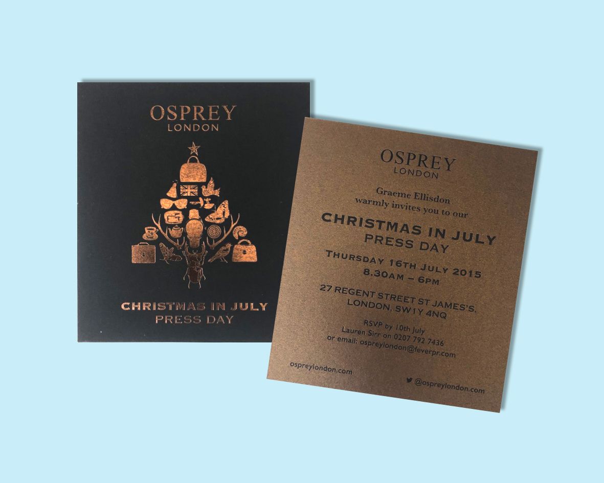 event invitation made from bronze paper and foil with a Christmas tree designed from handbag shapes