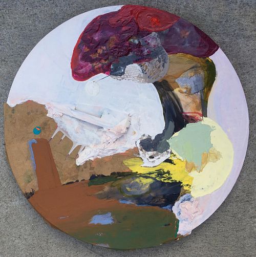 Interval, 2016, Acrylic, collage, and a wall clock, 12"