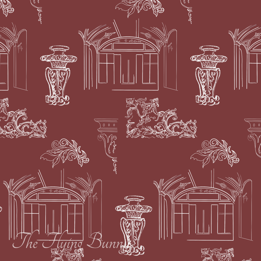 Ivory line drawings of neoclassical arches, columns, pedestals, and ornamental flourishes arranged in a repeating pattern on a burgundy background.