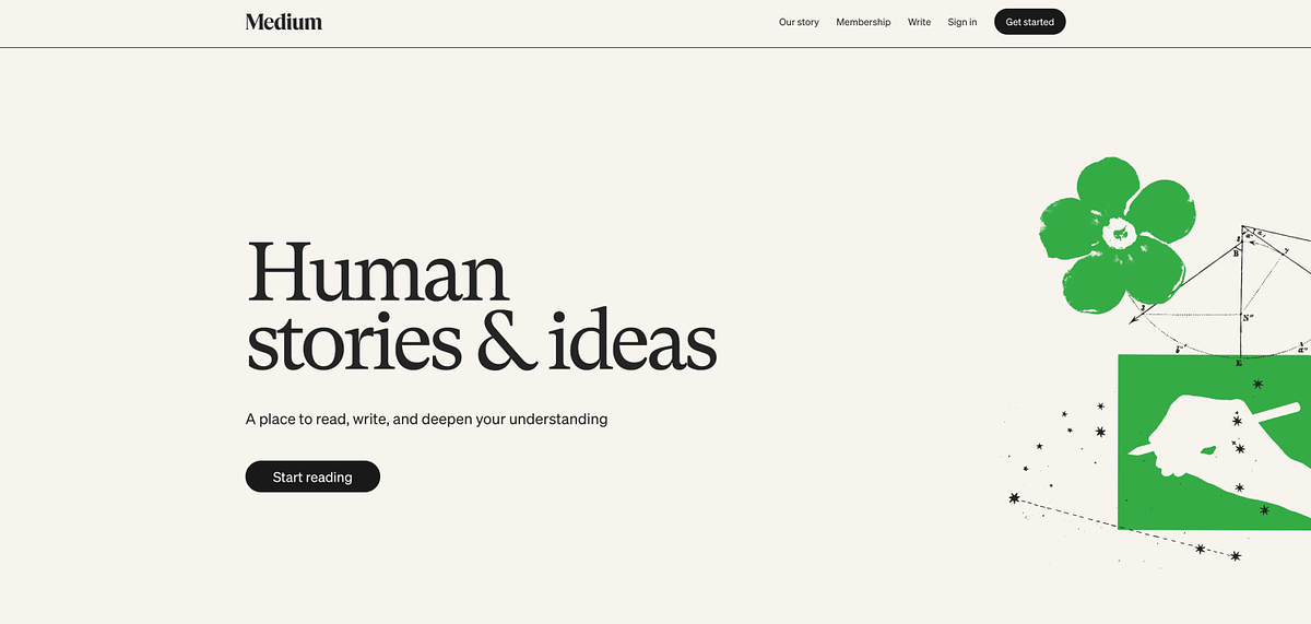 Medium homepage showing its publishing platform and reader network