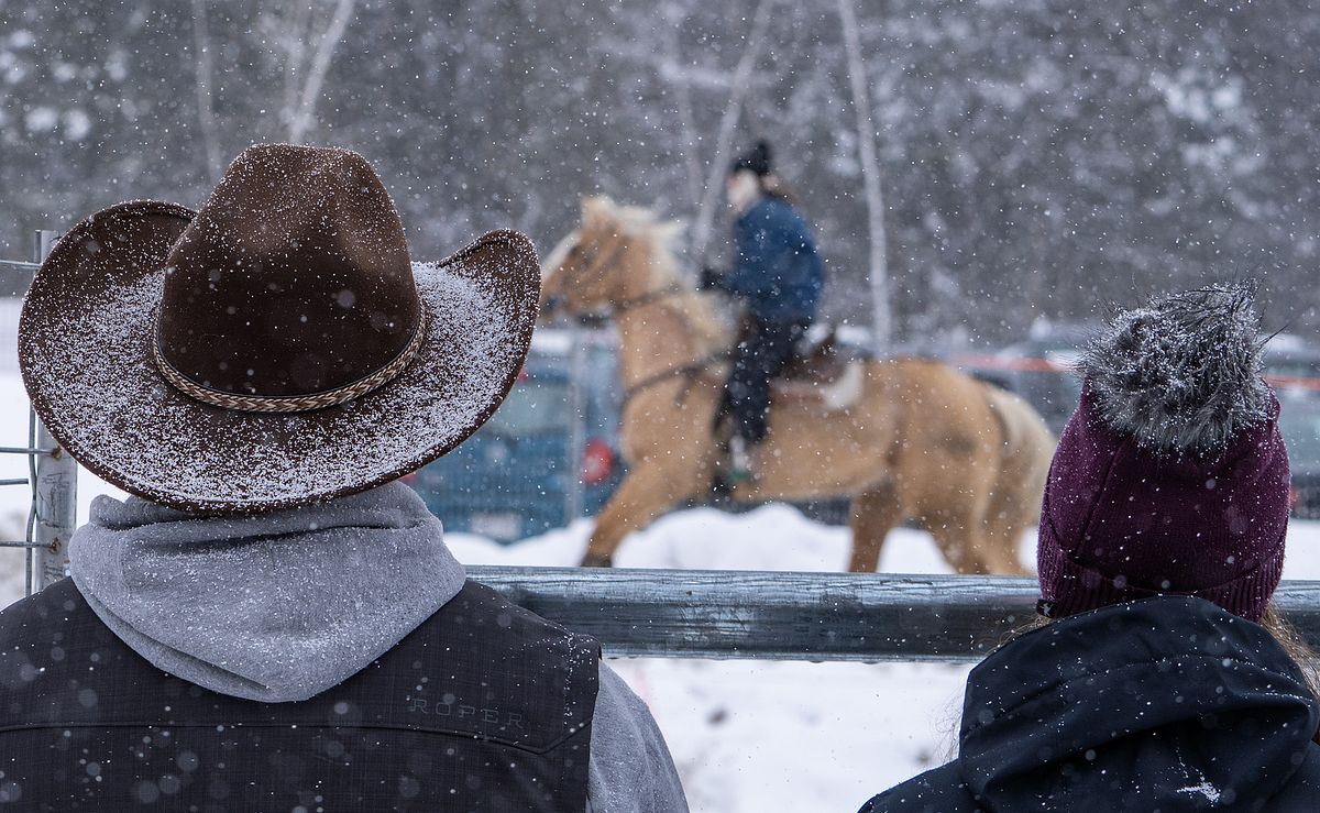 Spectators Watching Skijoring in Snowstorm
