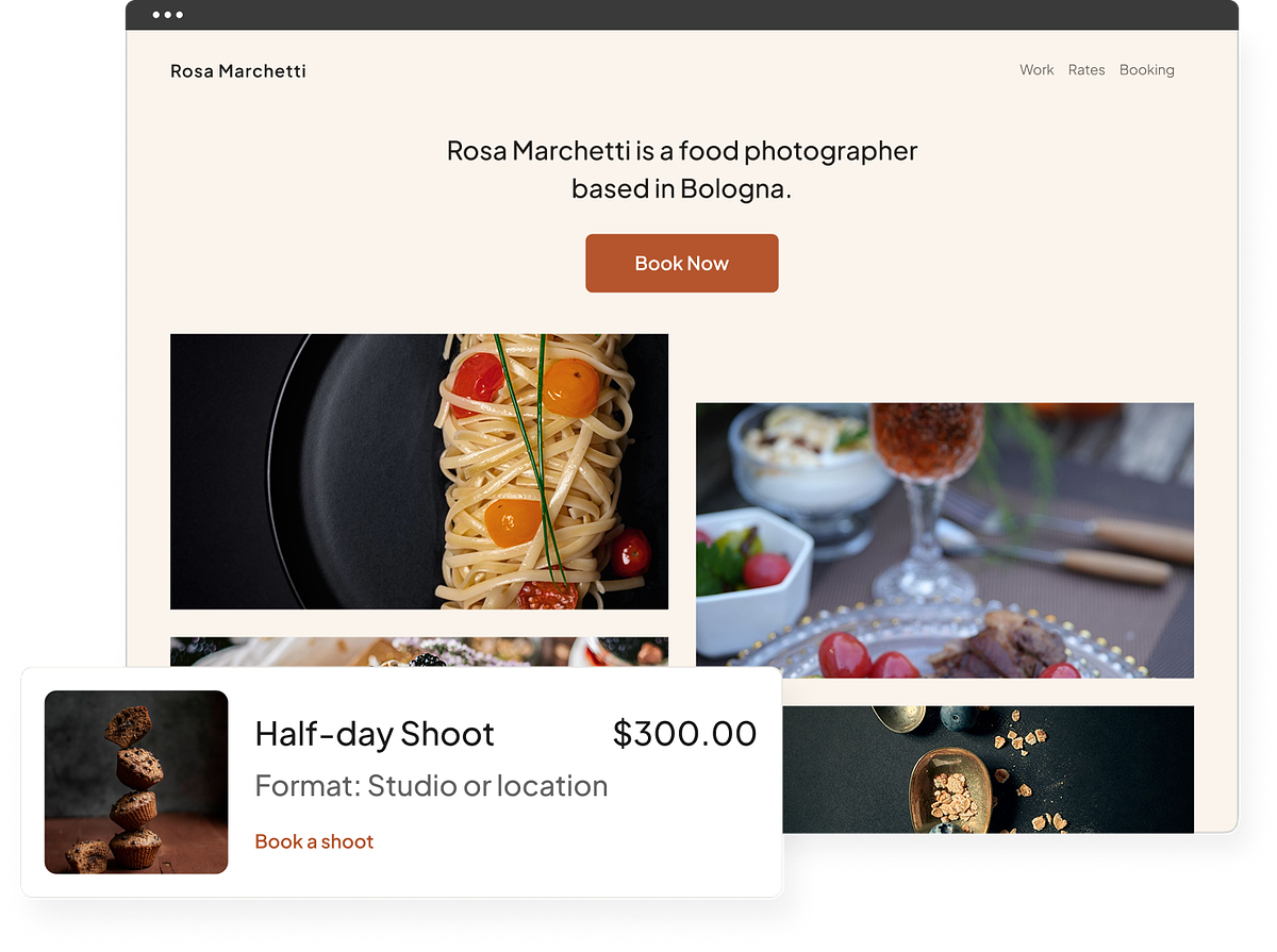 A food photography portfolio with client galleries, store and blog