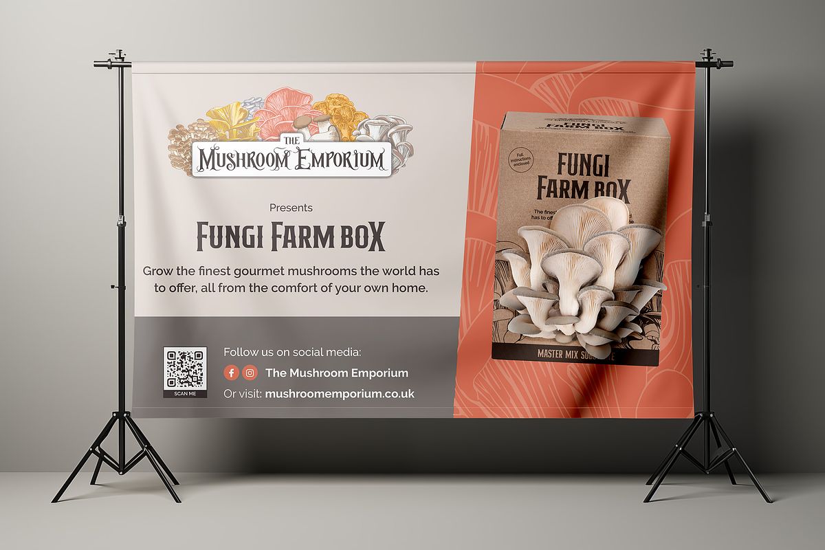 exhibition banner showing mushrooms growing out of a box