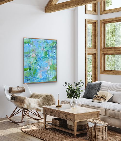 Abstraktes Acrylgemälde in Blau und Frühlingsgrün mit fließenden Linien und Collage-Elementen – „Frühlingsspaziergang am Wasser" von Sylvie Gasser / AtelierWerkstatt , Abstract acrylic painting in blue and spring green with flowing lines and collage elements – "Spring Walk by the Water" by SylvieGasser/ AtelierWerkstatt