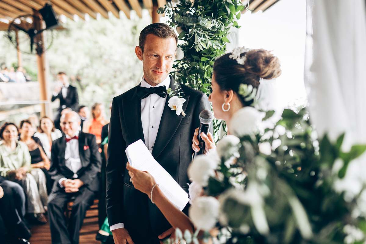 Bride speaking to the groom during their D-Resort Göcek ceremony