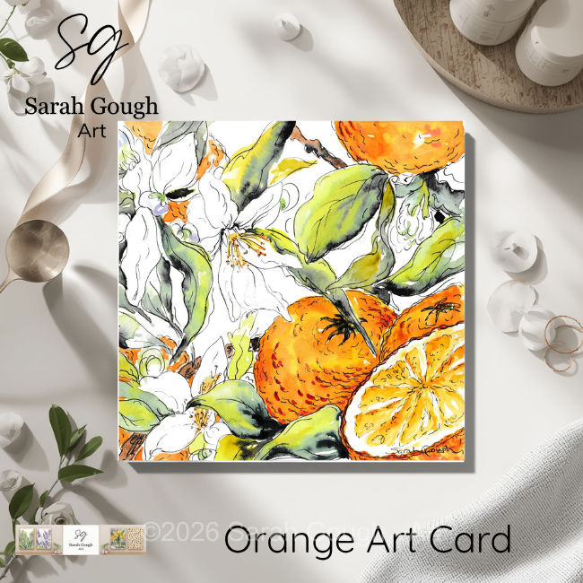 Orange Fruit and Flowers | Floral Art Card | Watercolour Original Illustration | with Envelope