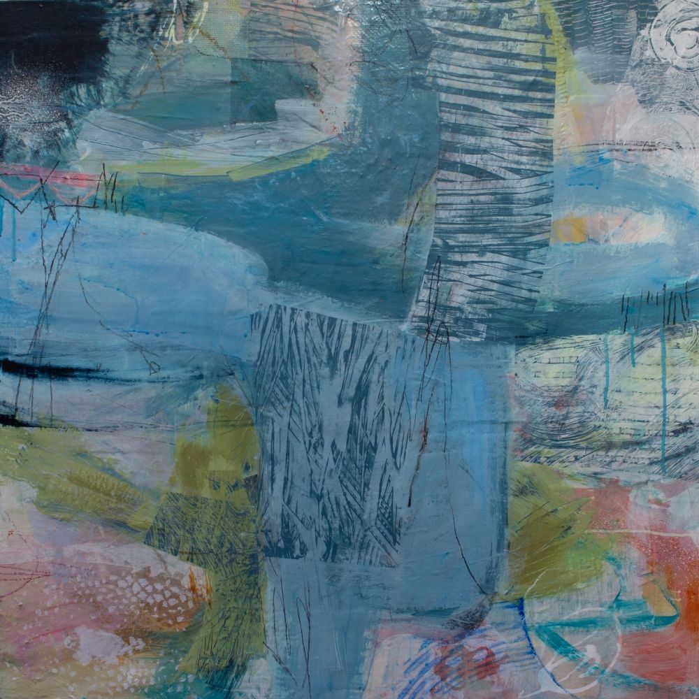 Original 70x70cm square abstract painting titled "Rockpool," featuring heavily textured, organic shapes dominated by layered shades of ocean blue.
