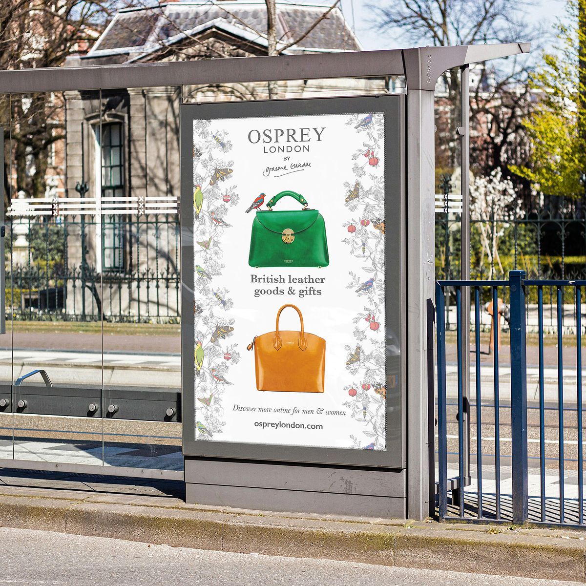 bus stop with a poster advertising a green and a yellow handbag