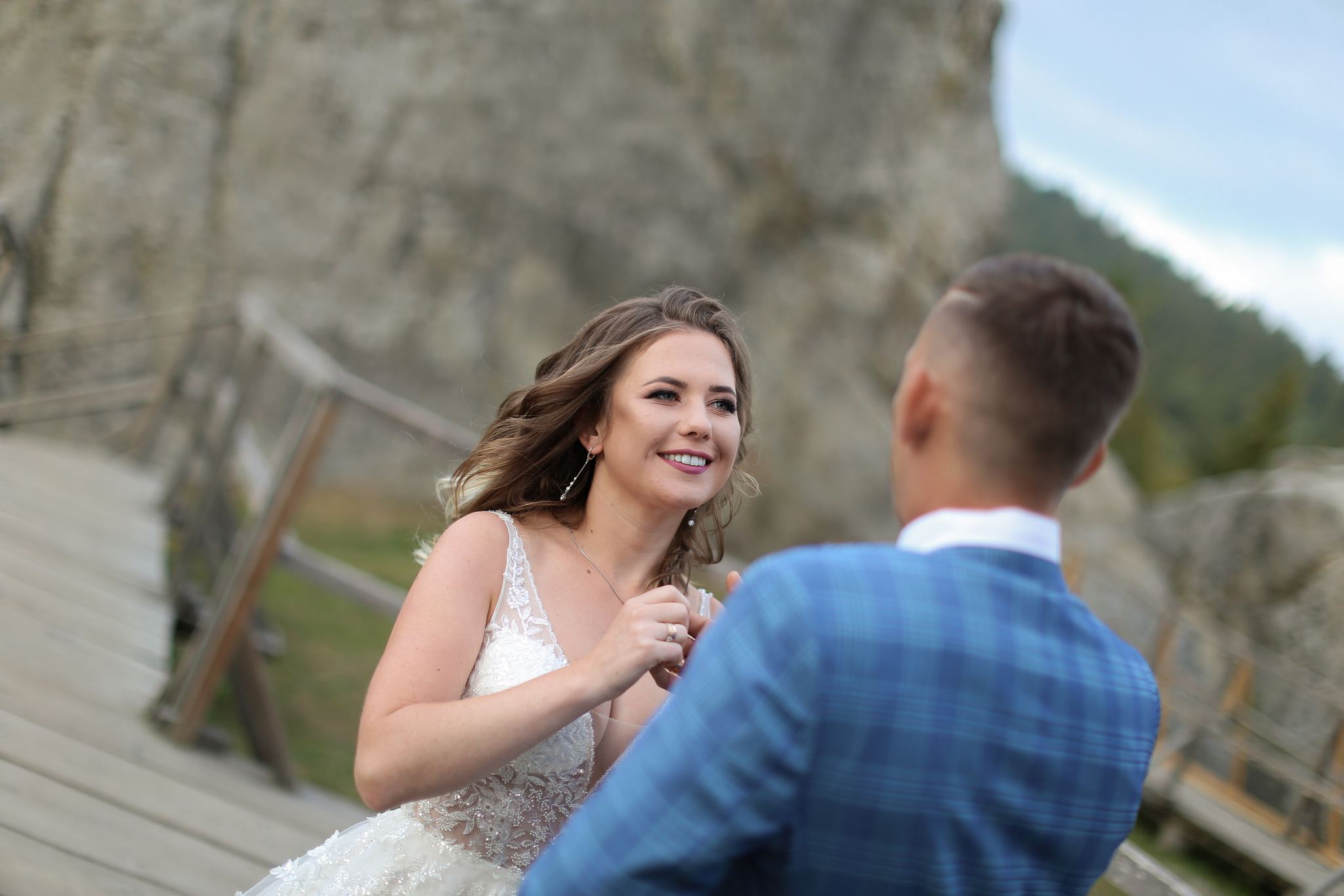 Bride in a wedding dress at Tustan Fortress